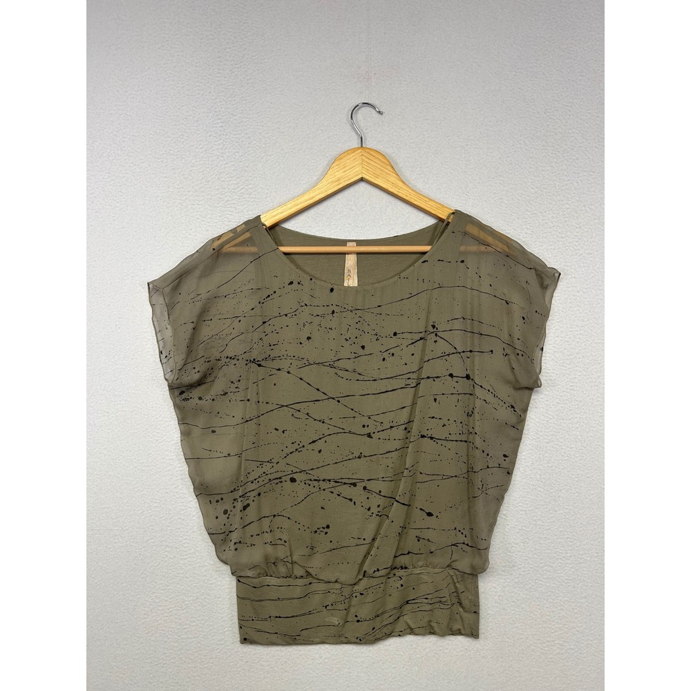 Contemporary Abstract Bailey 44 Womens Small Olive Silk Paint Splatter Blouse
